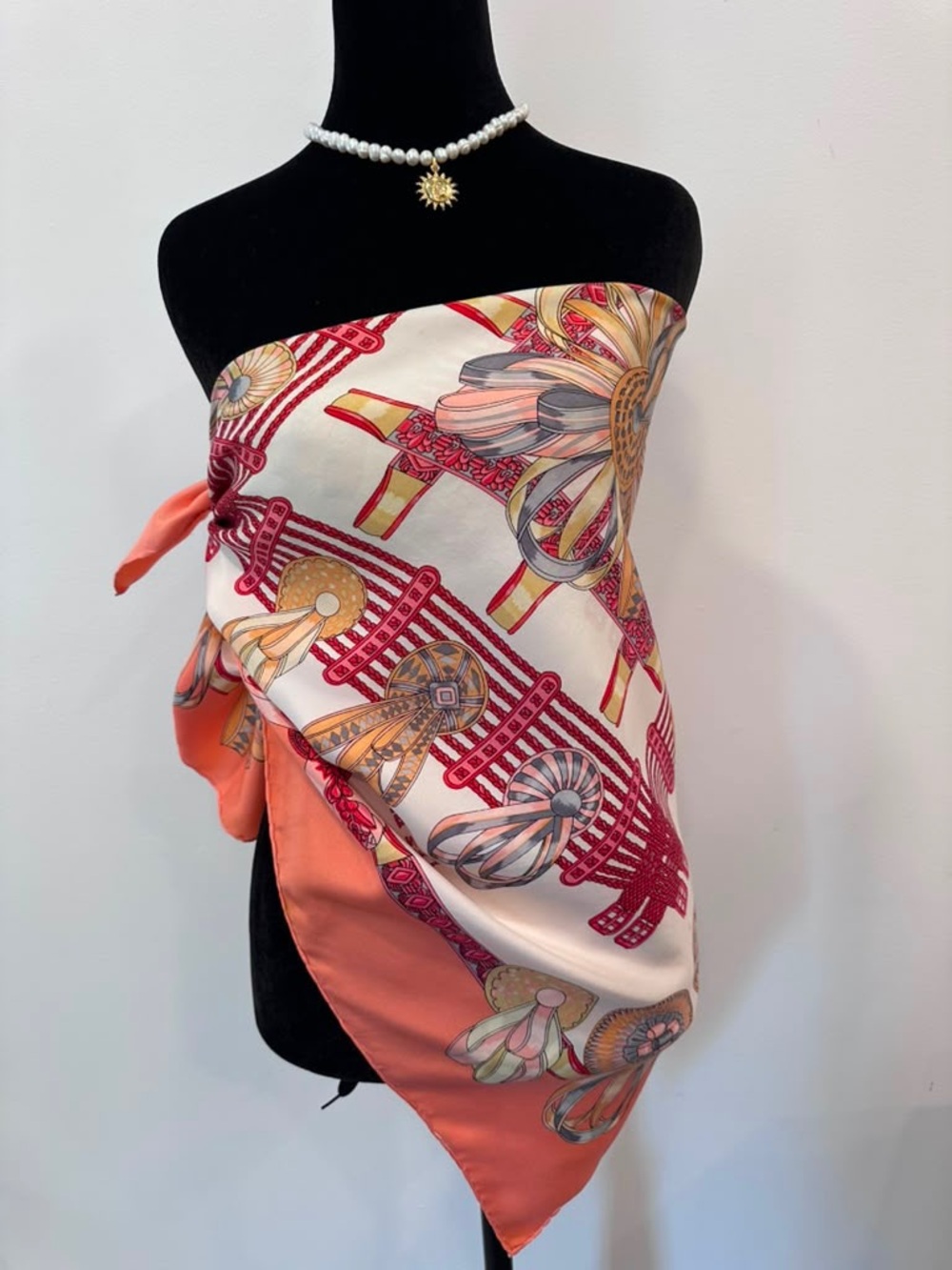 Hermes Coral, Cream & Red Ribbon Motif Silk Scarf - Picture 4 of 14
